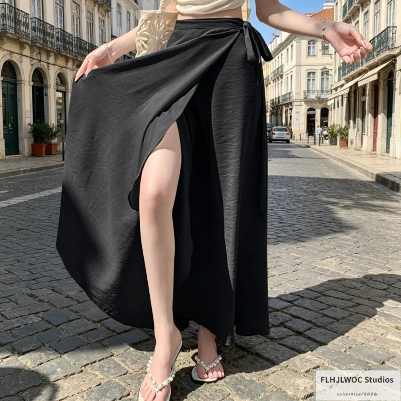 Wrap Up Chic Korea Clothes Women Cute Girls Floral Robe Holiday Beach Date High Waist Retro Vintage One-Piece Lace-Up Skirts