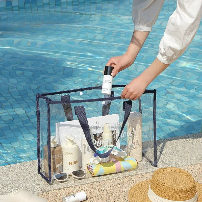 Foldable Clear Waterproof Swimming Bag Large Capacity Portable Beach Tote Handbag for Travel Clothes Toiletries Storage