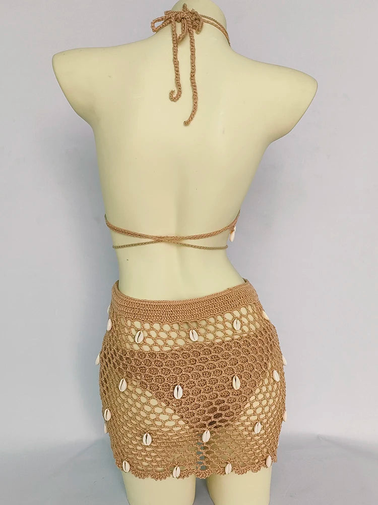 Women Beach Wear Swimsuit Cover-Ups Boho Summer See-Through Hollow Out Bandage High Waist Short Beach Skirt Crochet Knit Skirts