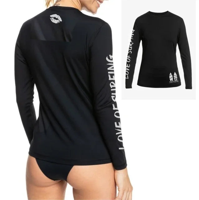 New Women's Surfing Shirt Women's Love Surfing T-shirt Beach Sunscreen Rashguard UV Protection Swimwear UPF Diving Sportsuit