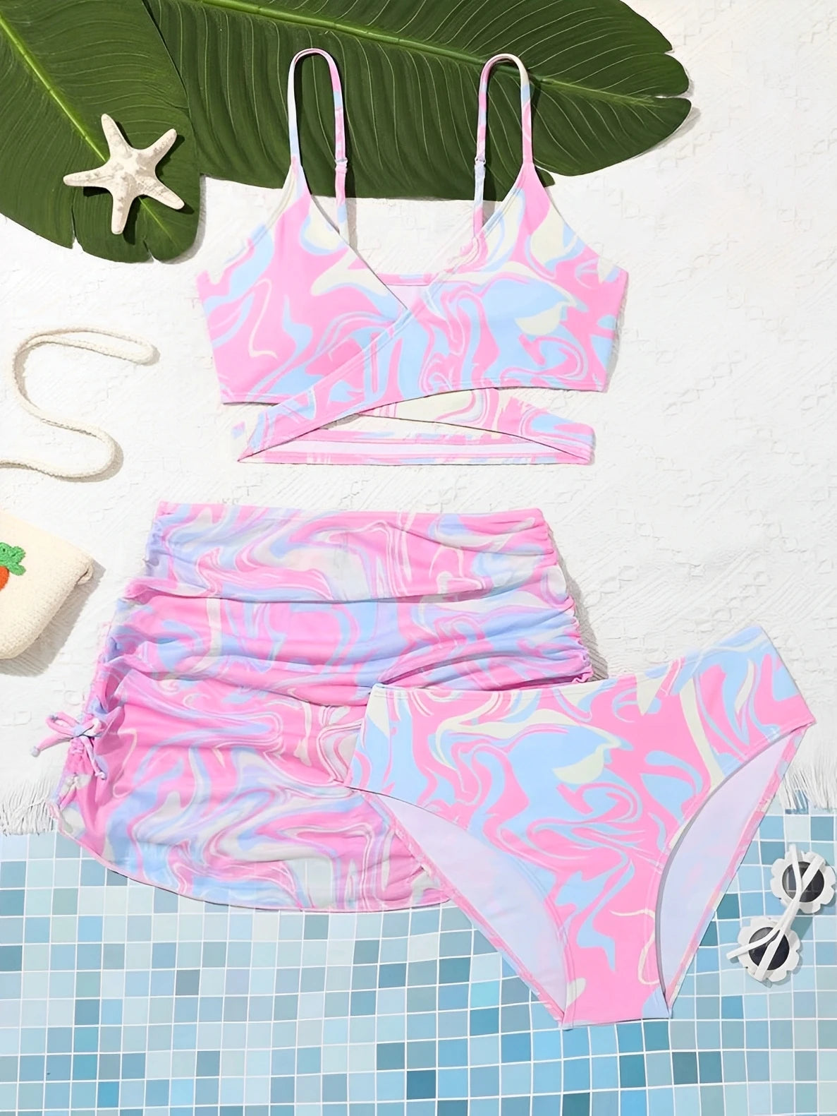 3 Pieces Tie Dye Print Bikini 2026 Girls Swimsuit with Skirt Kids Swimwear Female Bathers Bathing Swimming Swim Suit Beachwear