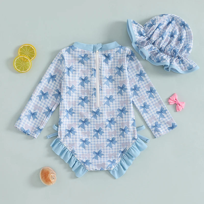 1-4T Children Baby Girl Rash Guard Swimsuit Long Sleeve Bow Plaid Print Bathing Suit Infant Swimwear with Sun Hat