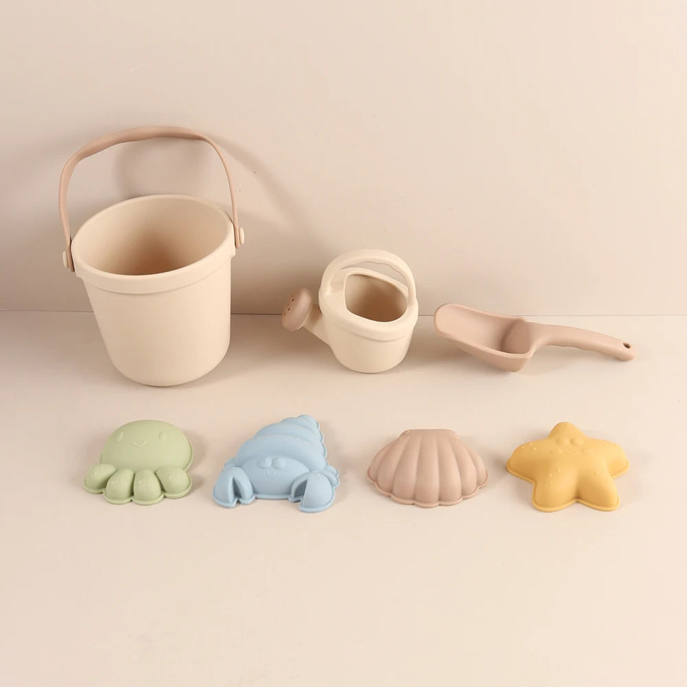 Kids Beach Bucket Set with Silicone Molds (Sea Star, Shell, Crab) | Sand Castle Toys for Outdoor & Sensory Play
