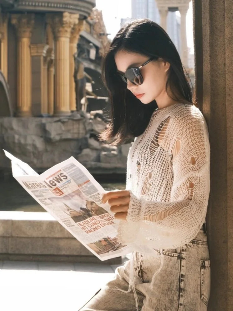 Y2k Cropped Hole Sweater Sexy Gyaru Hollow Out Knit Pullovers Goth Korean Long Sleeve Jumper Summer Fashion Sheer Knitwears Tops