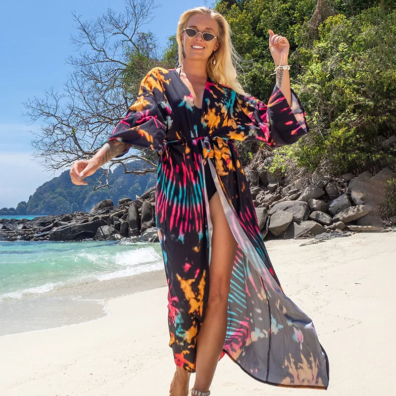 Swimsuit Cover Up Printed Kimono for Sea Boho Coverup Long Luxury Beach Outings Belted Swimwear Cape Holiday Bathing Suits Sales