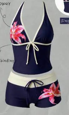Women Swimwears Polka Dot 2-Piece Tankini Set Halter V Neck Front Tie Cami Top & Contrast Waistband Drawstring Swim Shorts
