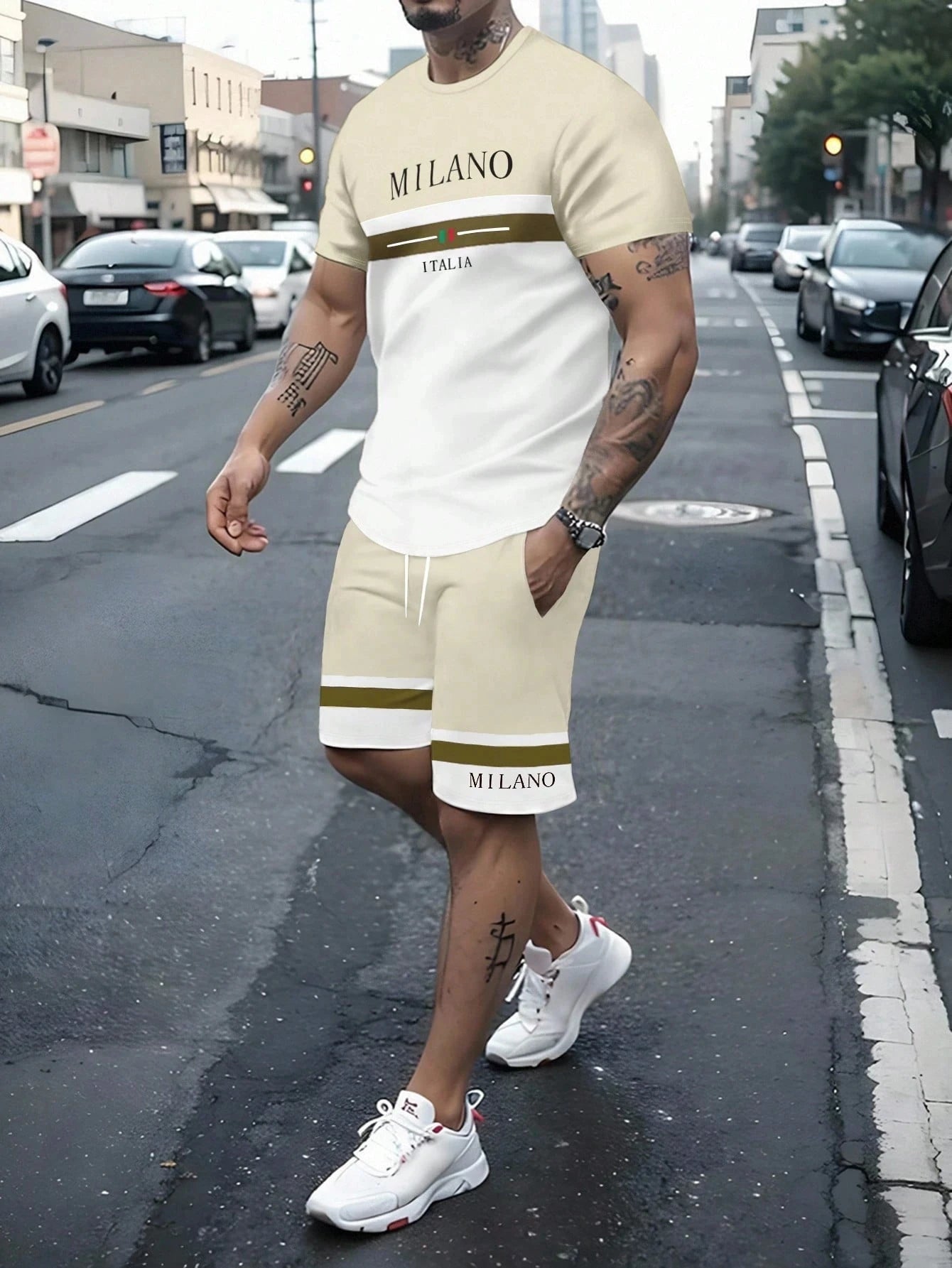 Summer Men's Stripe Letter Print Short Sleeve Top Shorts 2 Pieces Set Oversized Loose Round Neck T-shirt Man Drawstring Shorts