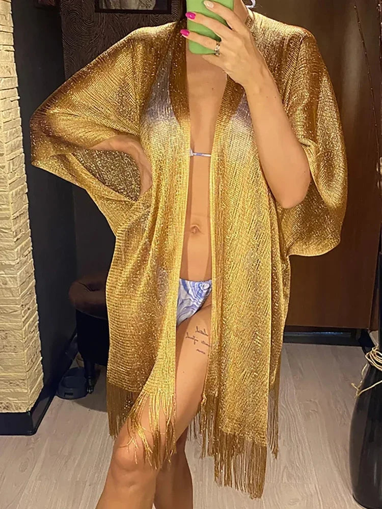 Sexy Fringe Tassel Sheer Knitted Beach Cover Up Dress Shiny Mesh Tunic for Women Swimwear Mesh Cover Lightweight Beach Dress