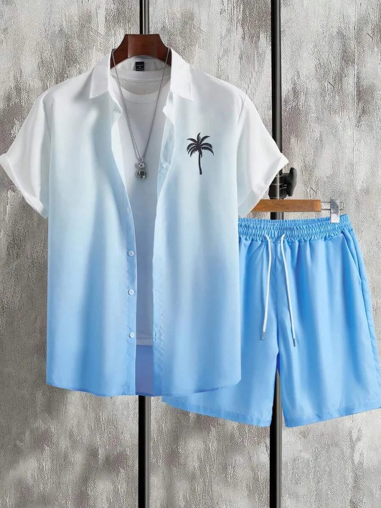 Men's Short-sleeved Shirt Set Blue Ocean Palm Tree Print Hawaiian Seaside Vacation Style Shirt Set