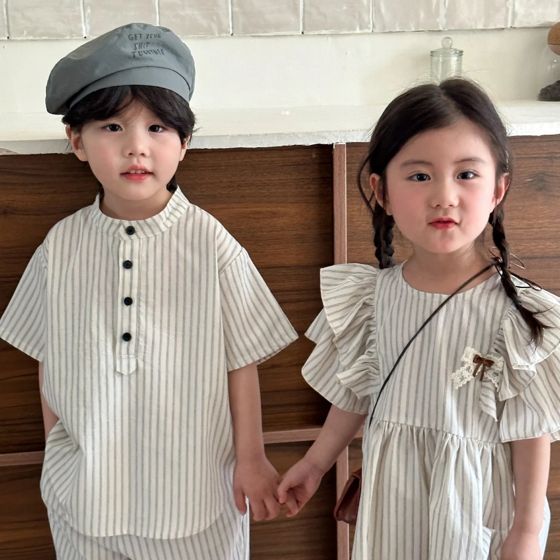 22004 Brother Sister Clothes Summer New Short Sleeve Stripes Baby Boy's Suit Or Cotton Girl Dress
