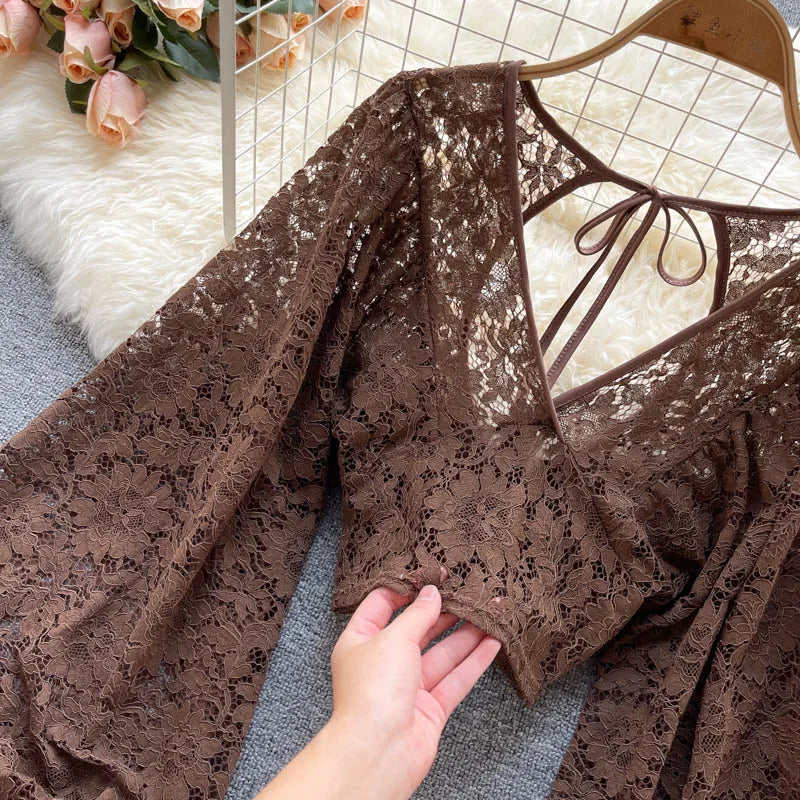Frenchic Sexy Blusas Mujer Crochet Lace Sheer Women Tops V-neck Lantern Sleeve Backless Lace-up Ladies Elegant Blouse
