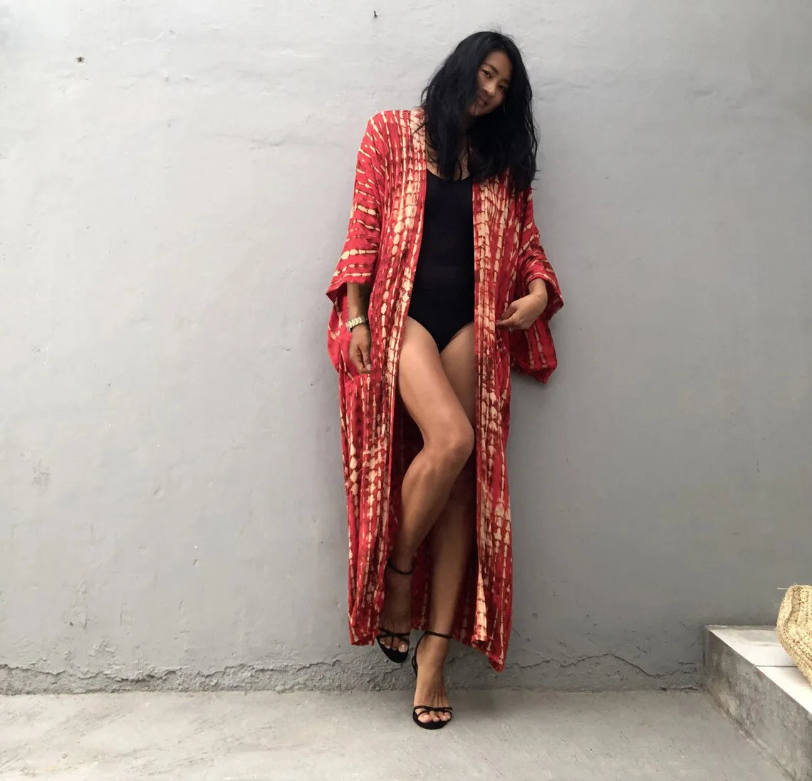 Women's Boho Stripe Tie Dye Swimsuit Cover Up with Belt Tunic Sarong Cardigan Dress Bikini Cover-ups Beach Wear Kimono