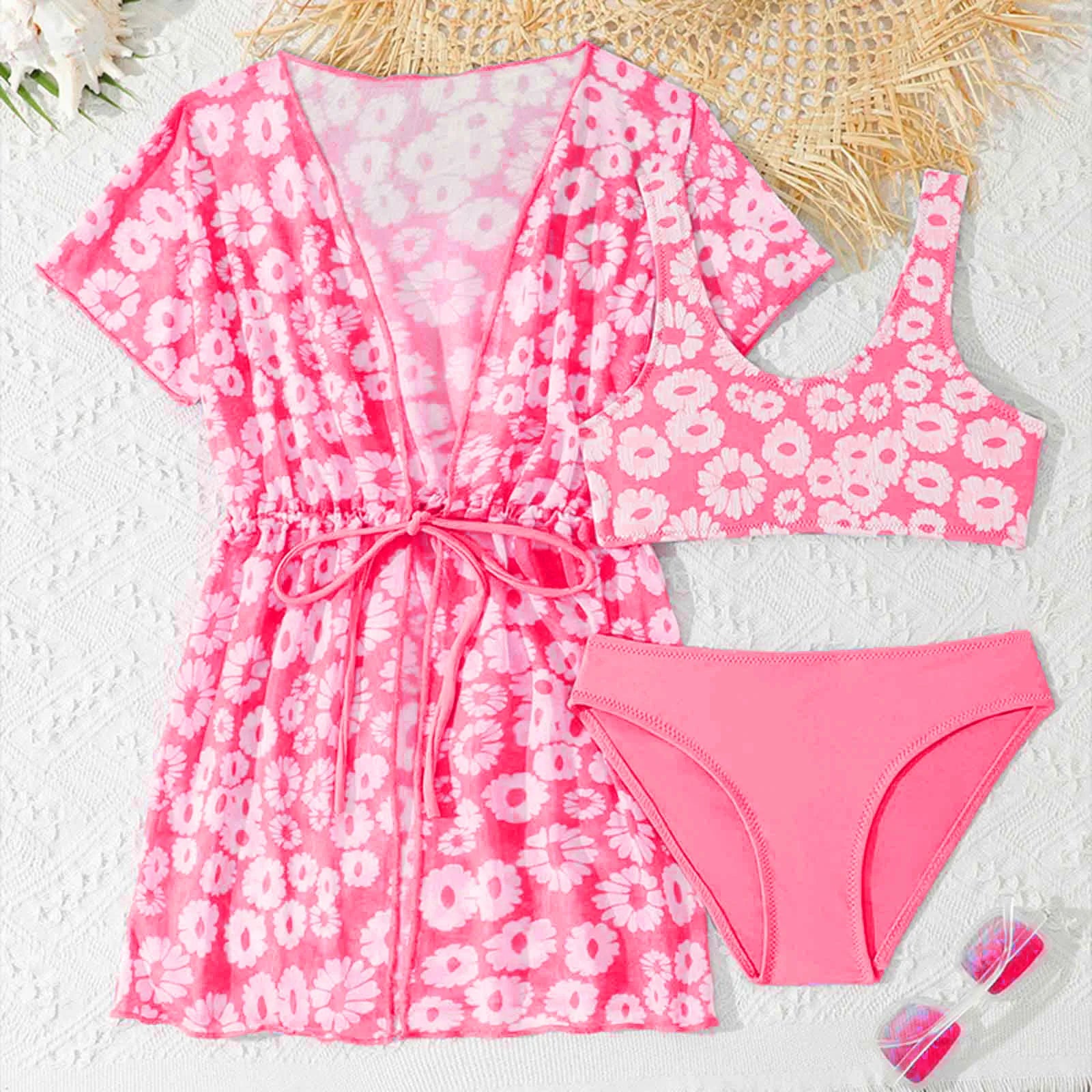 Girls 3 Pcs Swim Cover Up Sets Floral Bikini Crop Top With Brief Kimono Teens Bathing Suit Girls' Swimsuit Cover Up Wrap Scarf