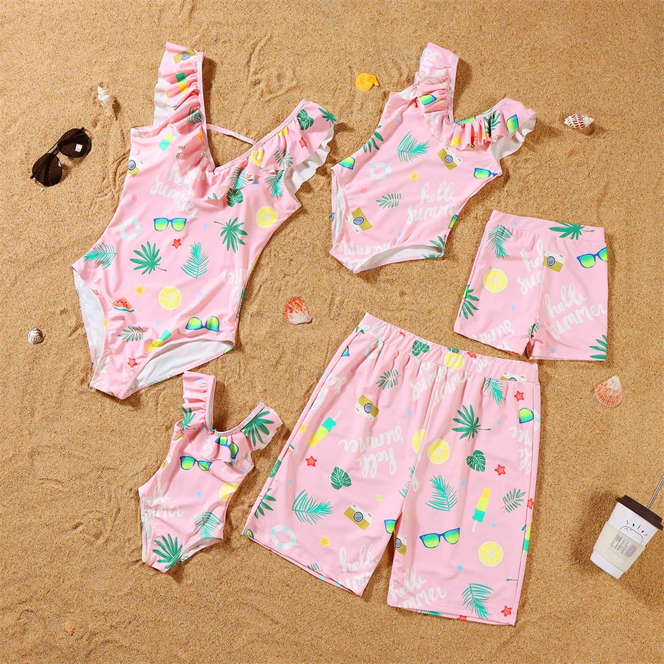 Dinosaurs Swimwear Family Matching Outfits V-Neck Mother Daughter Swimsuits Mommy and Me Dresses Clothes Father Son Swim Shorts