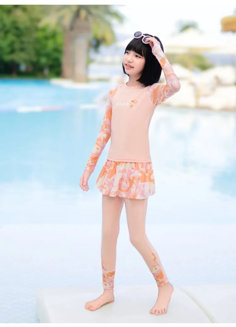 New Girls Fashion Swimsuit Sets Kids Long Sleeve Letter Top + Pants + Skirt 3Pcs for Kids 5-12 Years Split Swimming Clothes