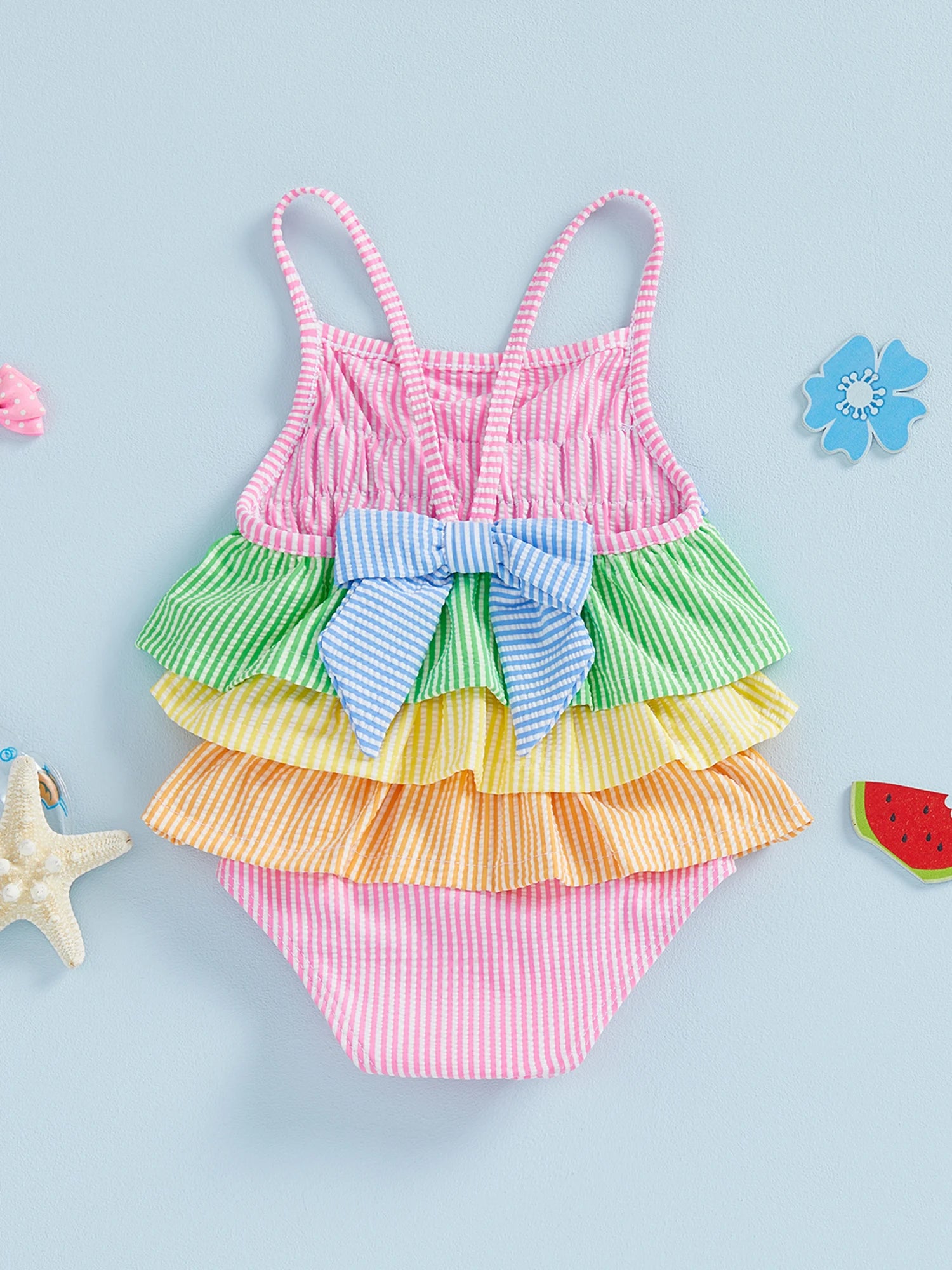 Little Girls Summer Cami Romper Swimsuit Sleeveless Tiered Striped/Plaid Swimwear
