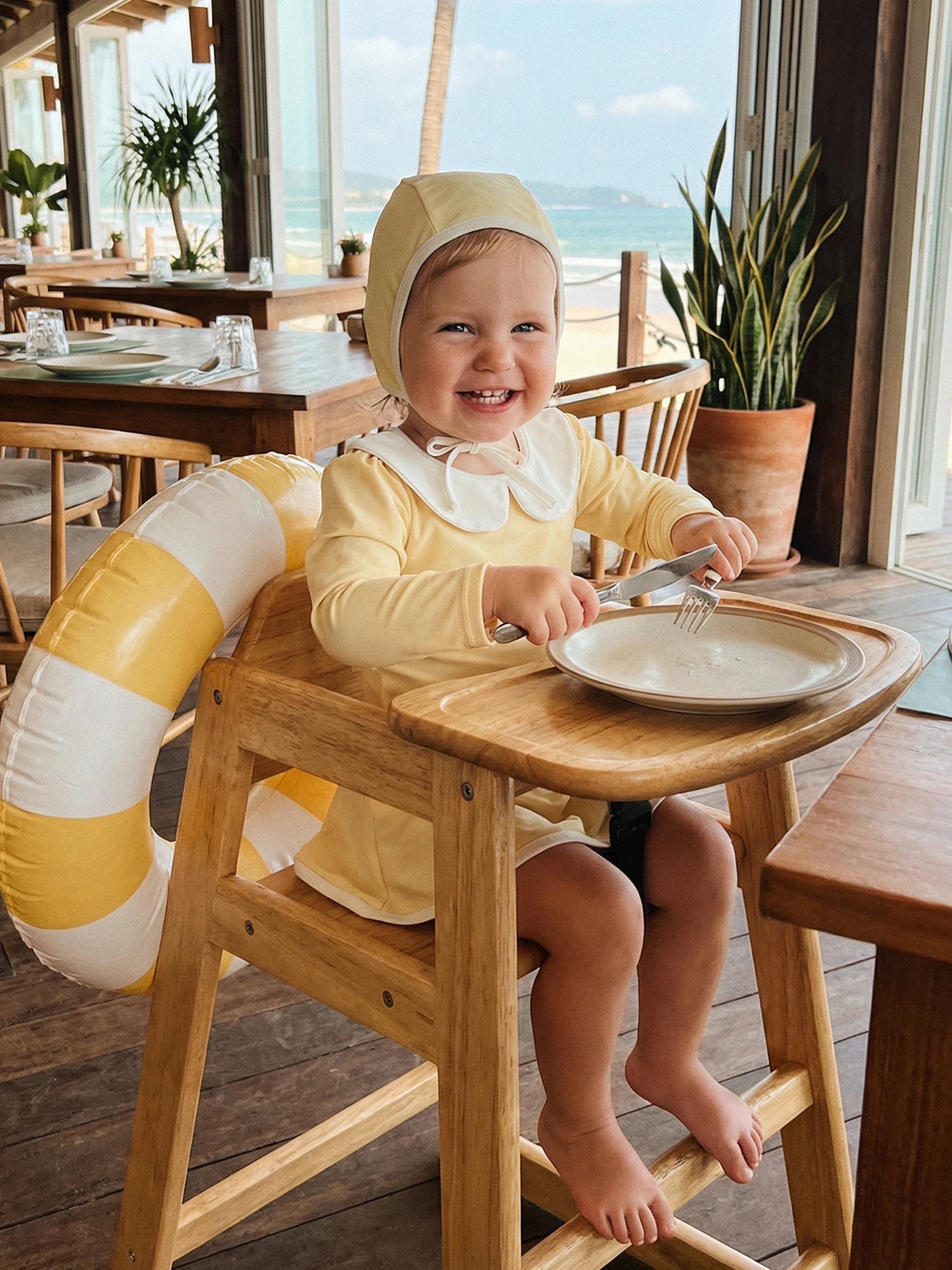 1-6T 3Pcs Little Girls Swimsuit Set Doll Collar Long Sleeve Contrast Color Rash Guard Swimwear Skirt and Hat