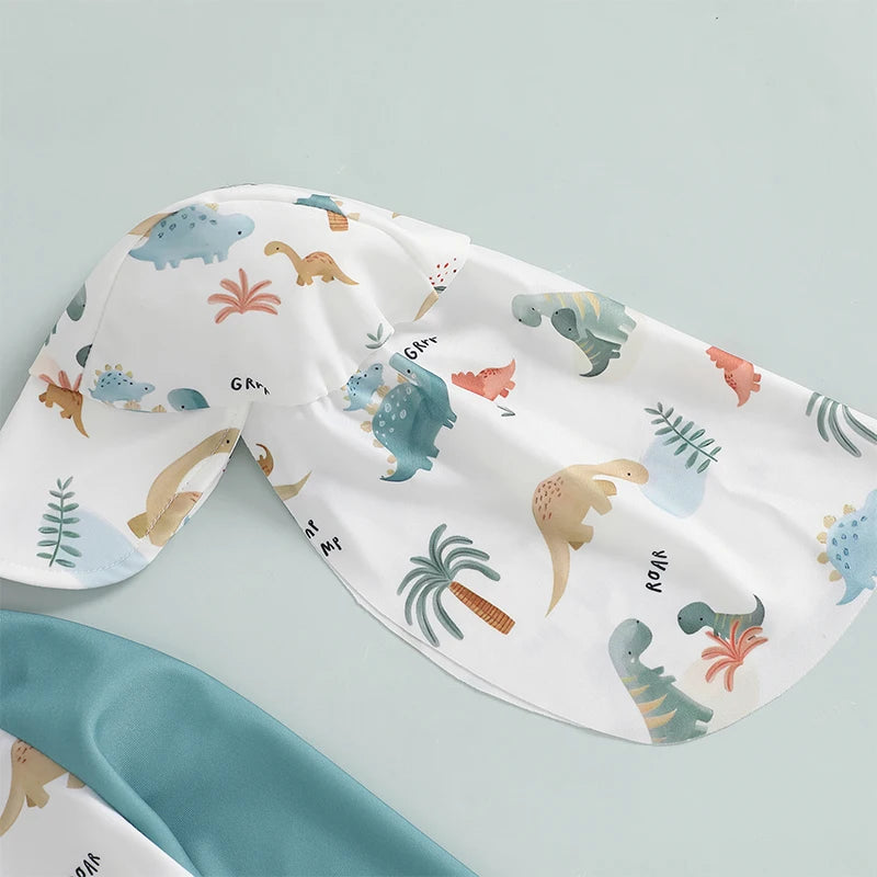 1-4T Toddler Boys Rash Guard Swimsuit Dinosaur/Shark Print Long Sleeve Zip Bathing Suit with Swim Cap