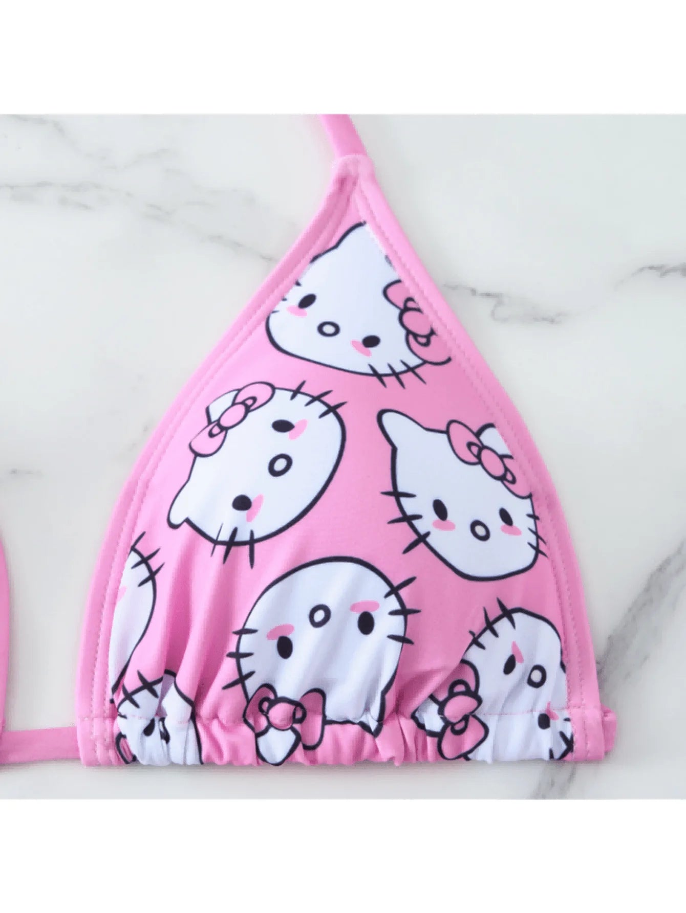 2pcs/A Set Kawaii Hello Kitty Print Triangle Bikini Set Halter Tie Side Swimwear 2-Piece Bathing Suit for Summer Beach Vacation