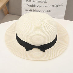 COKPanama Simple Summer Beach Sun Protection Bowknot French-style Small Hat Women's Casual Flat-Brimmed Straw Hat with Bow，Women