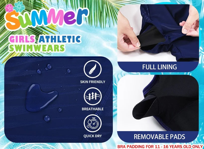 Anfilia Girls One-Piece Sports Swimsuit Size 8-14 Boyleg High Elastic Racerback Athletic Training Bathing Suit