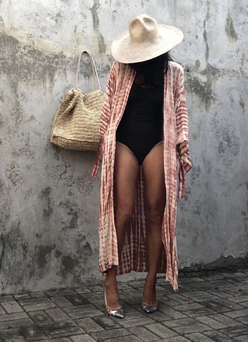 Women's Boho Stripe Tie Dye Swimsuit Cover Up with Belt Tunic Sarong Cardigan Dress Bikini Cover-ups Beach Wear Kimono