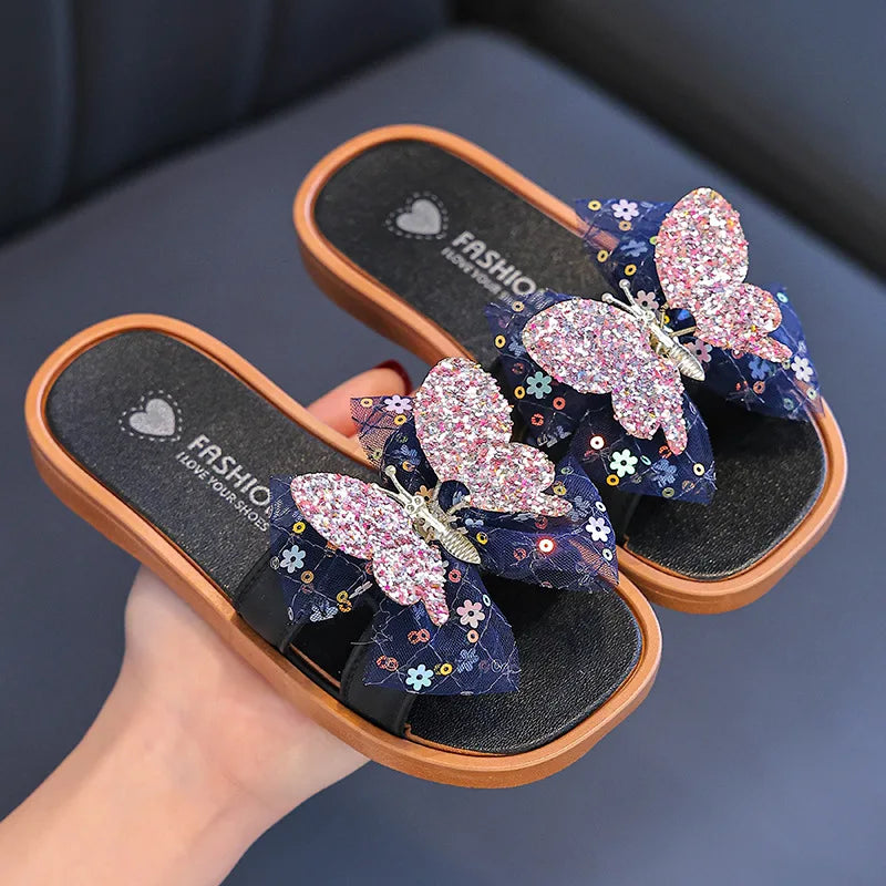 2026 Children's Summer Butterfly Knot Beach Sandals Plastic Slip-On Home Slippers Anti-Slip Beachwear Girls Flip Flops