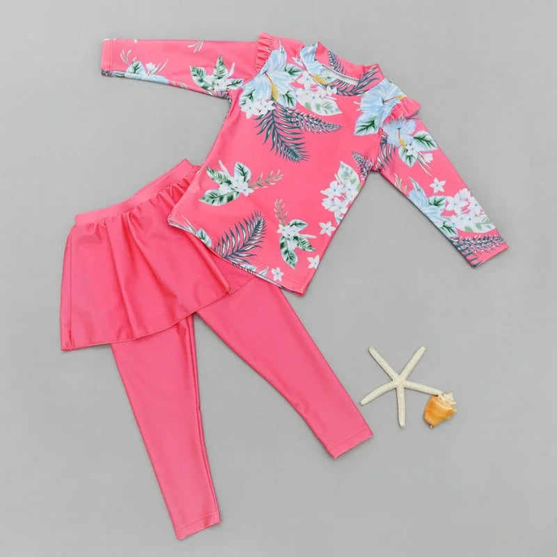 Printing Long Sleeved Girls Swimwear Sun Protection Swimming Suit  Long Pants Skirt Style Quick Drying Bathing Suit 3-11Y