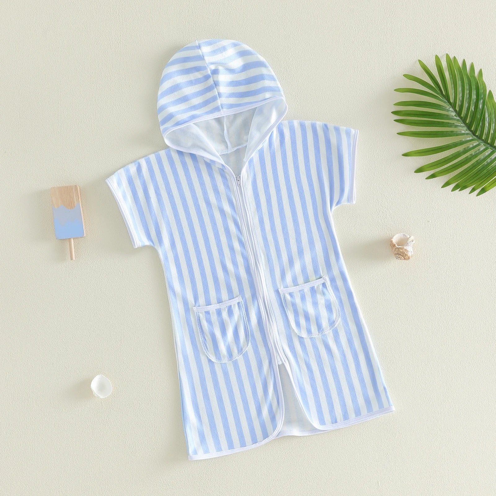 1-6Y Kids Swimwear Cover-ups Striped Zip Up Short Sleeve Hooded Robe Shawl for Beach Pool for Boys Girls Swimsuits