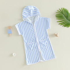 1-6Y Kids Swimwear Cover-ups Striped Zip Up Short Sleeve Hooded Robe Shawl for Beach Pool for Boys Girls Swimsuits