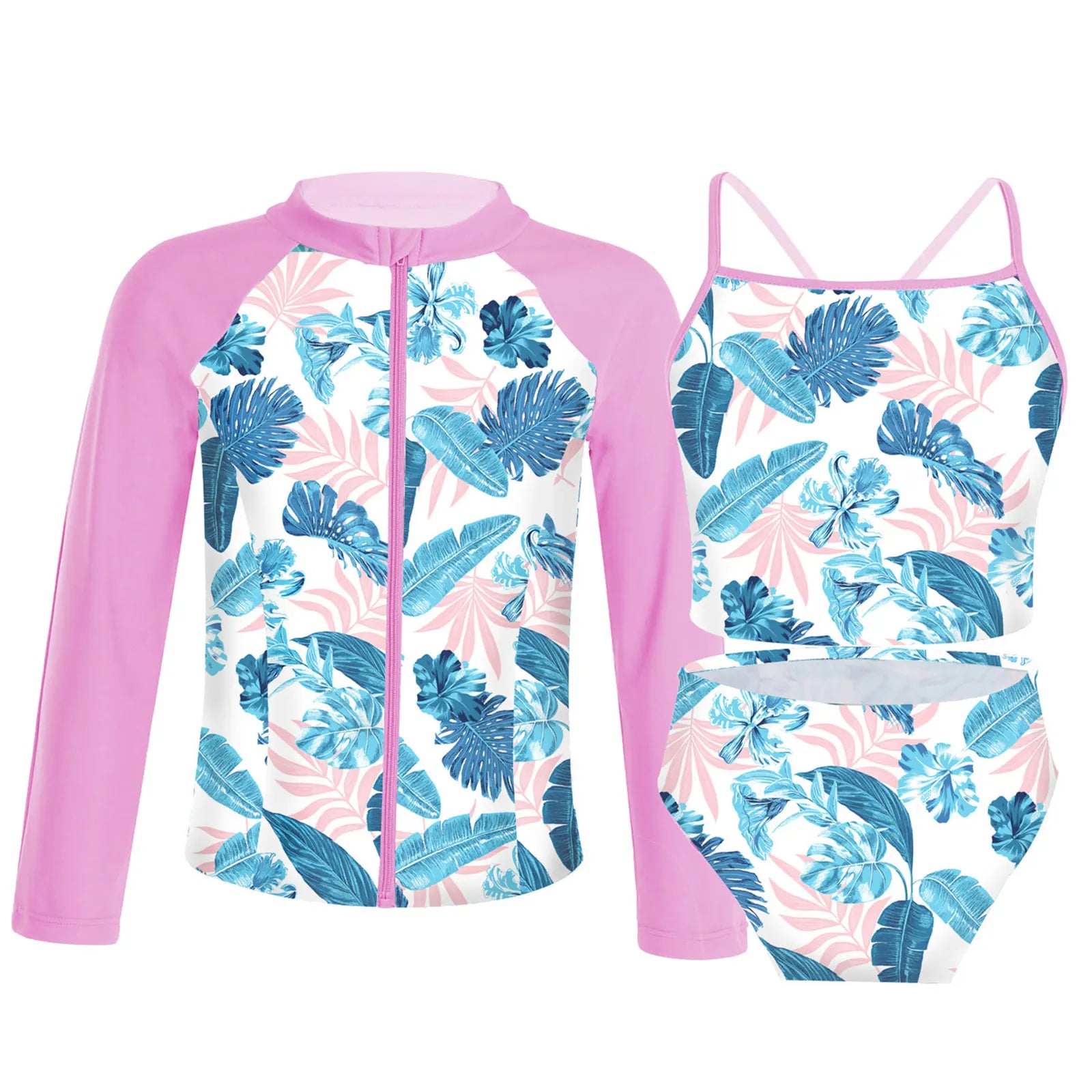 Kids Girls 4PCS Printed Swimsuit Long Sleeve Outerwear with Sleeveless Crop Top Briefs Shorts Bathing Suit Rash Guard Swimwear