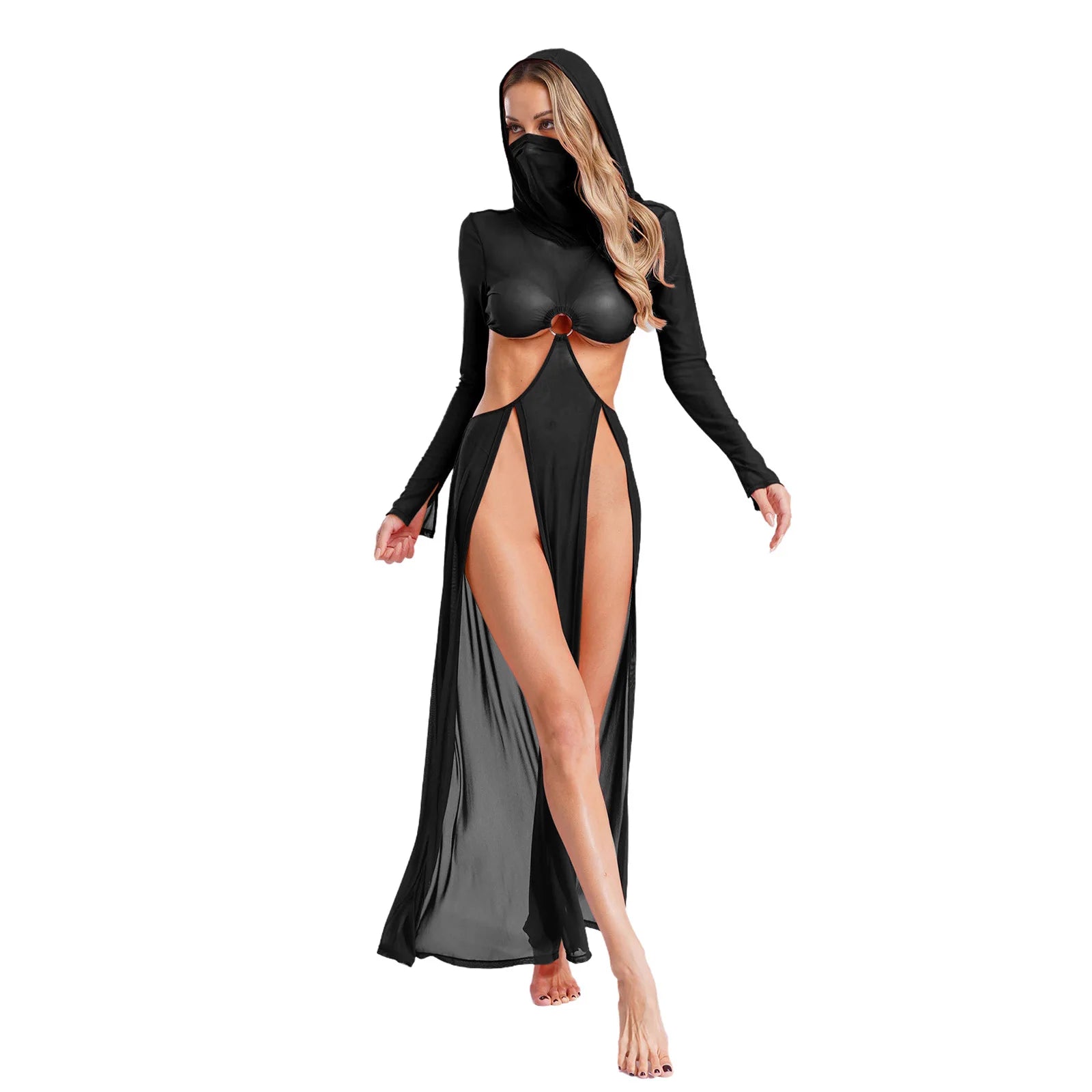 Women Sheer Dress with Hooded Face Mask Maxi High Slit Sexy Mesh Dress Long Sleeves Hollow Out Sheer Dress Cover Up Swimwear