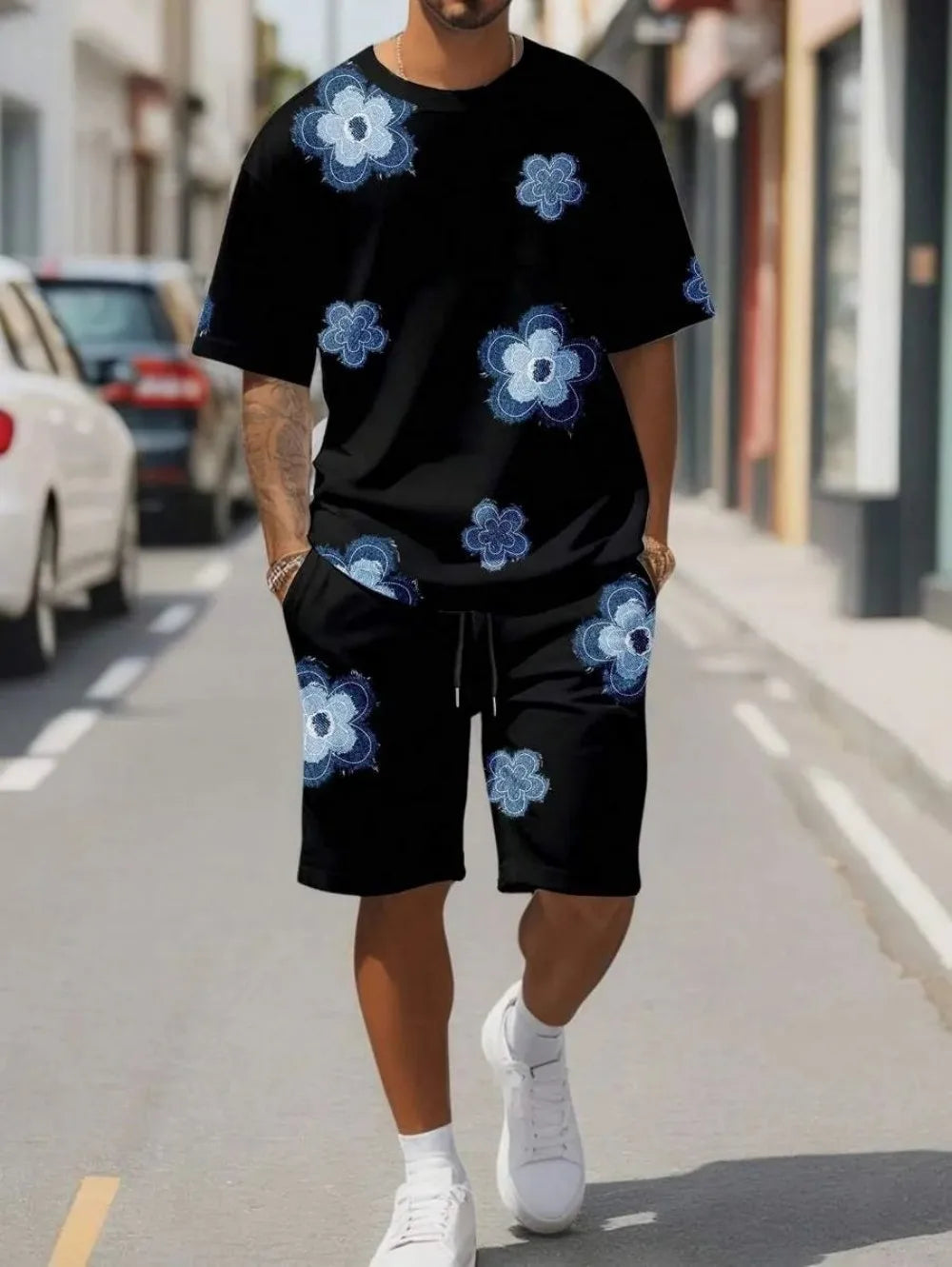Summer men's breathable and comfortable round neck T-shirt shorts with printed pattern outdoor casual two-piece set