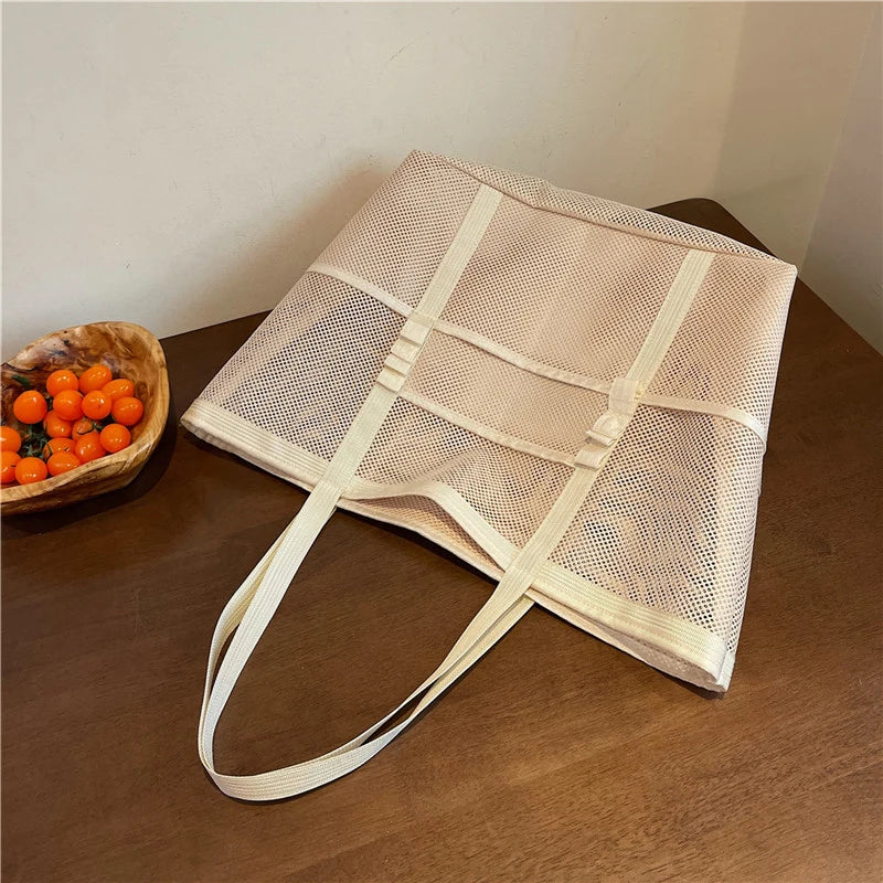 Portable Mesh Beach Bag For Women Makeup Travel Storage Wash Bag Summer Travel Swimming Bath Bag Organizer Shopper Totes