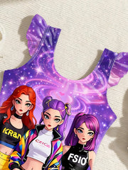 Kids Girls 2-Piece Anime Girl Print Ruffle One-Piece Swimsuit & Tiered Skirt Shorts Set Summer Beach Pool UPF 50+ Quick Dry Swim