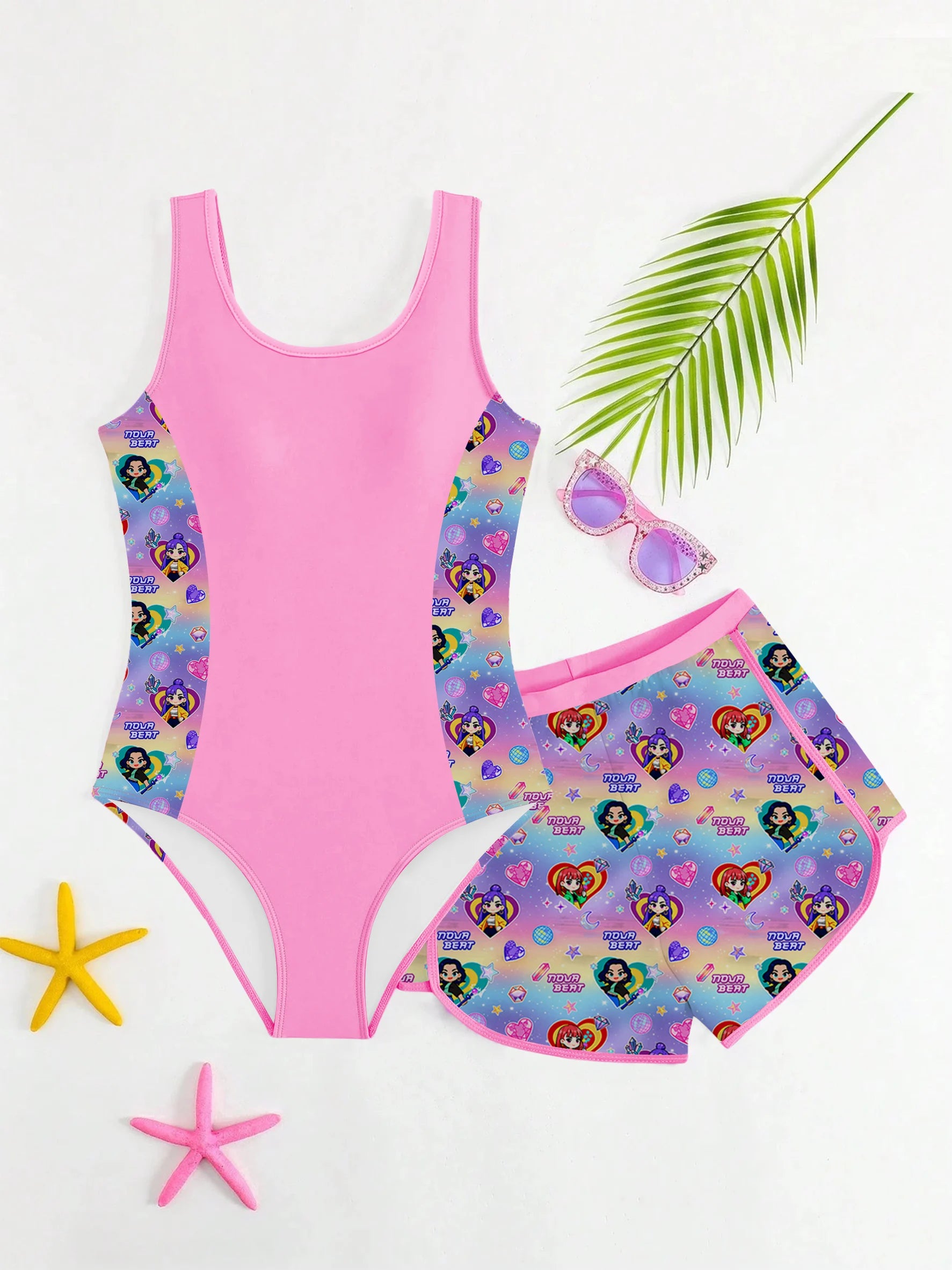 2-Piece K-POP Anime Print Girls Swimsuit & Shorts Set UPF 50+ UV Protection Summer Beach Swimwear