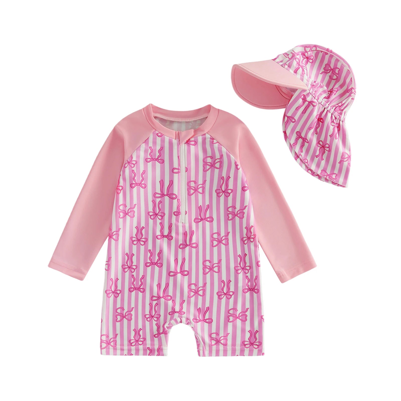 3M-3T Toddler Girl Rash Guard Swimsuit Strawberry/Bow/Cherry Print Long Sleeves Front Zipper Bathing Suit with Hat