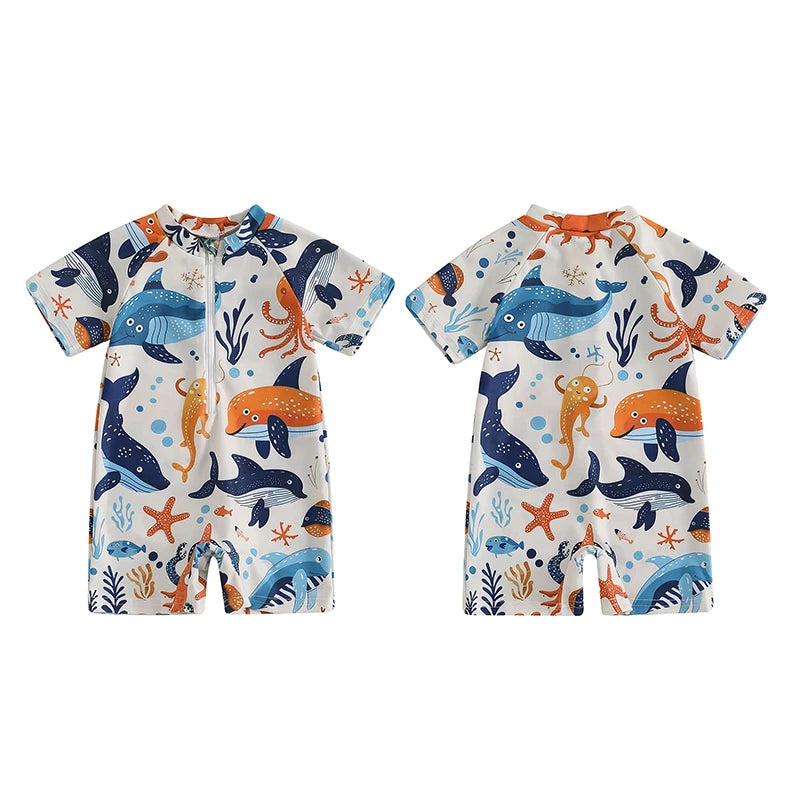 0-3Years Baby Boy Girl Rash Guard Swimsuits Fashion Print Short Sleeve Zip Up Rompers Bathing Suit Toddlers Swimwears Beachwear