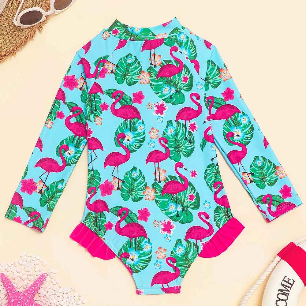 Girls One Piece Swimsuits Long Sleeve Rash Guard Beachwear Flamingo Swimwear Kids Hawaiian Bathing Suit Ruffle Swim Shirts