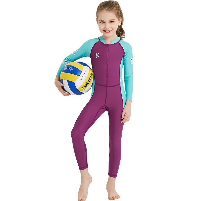 Girl Boy Swimwear Zipper One Piece Suit Kids Sunscreen Quick Drying Long Swimsuit Beachwear Bathing Suit(Including Swimming Cap)