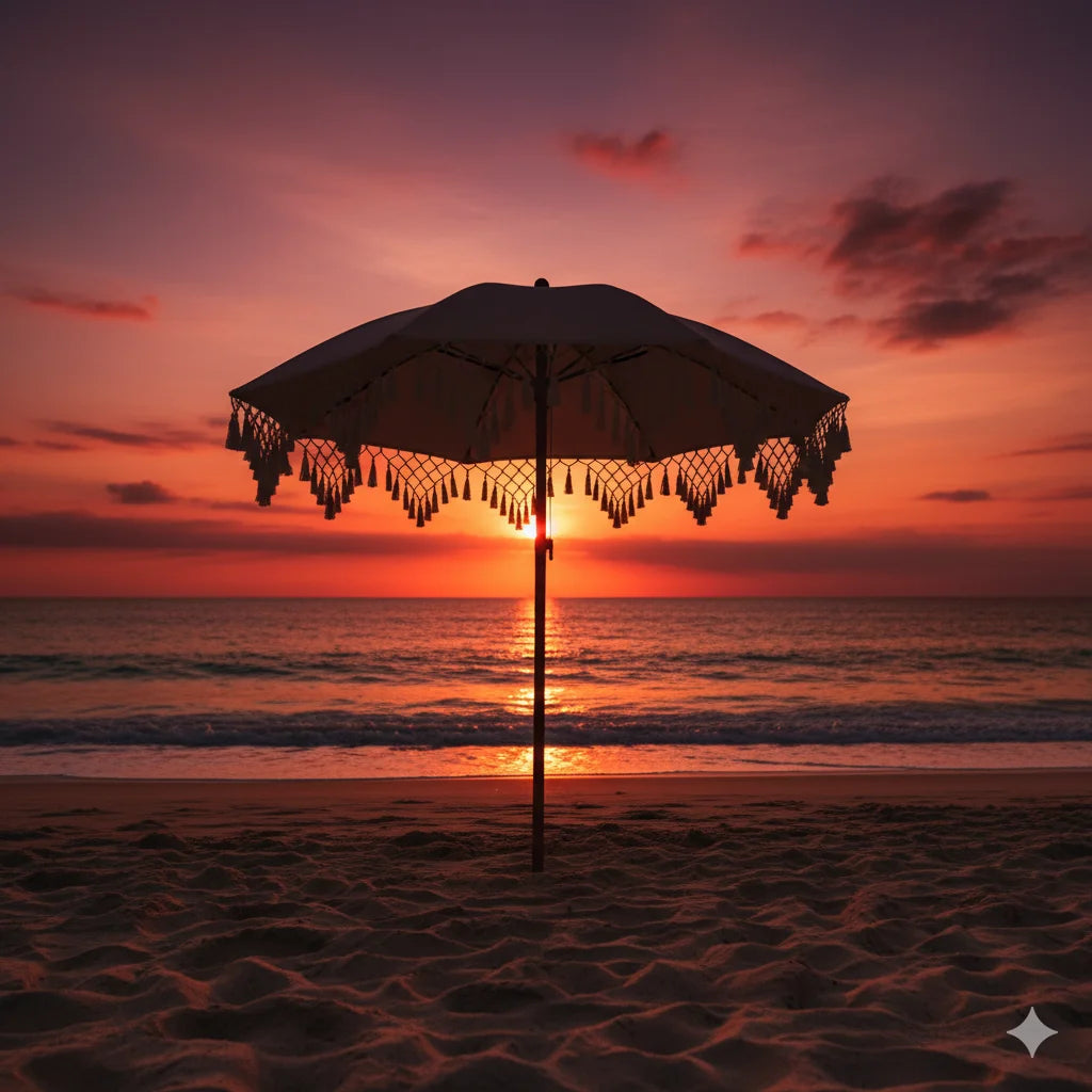Triangle Fringe Decorated UPF50+ Outdoor Sunshade Umbrella Rotatable for Courtyard Beach Sun Protection No Base Included