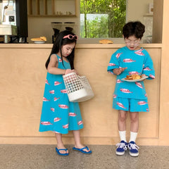 9000 Brother and Sister Clothes Summer New Korean Alphabet Graffiti Girl's Long T-shirt Dress Or Boy's Two Piece Suit
