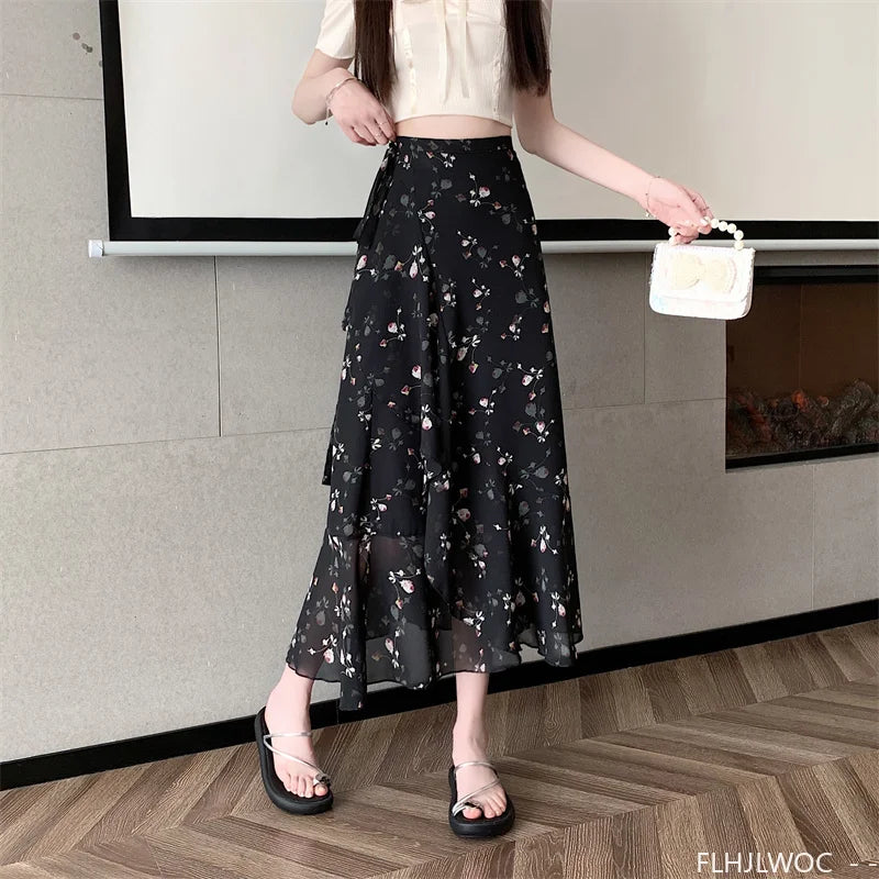 Wrap Up Chic Korea Clothes Women Cute Girls Floral Robe Holiday Beach Date High Waist Retro Vintage One-Piece Lace-Up Skirts