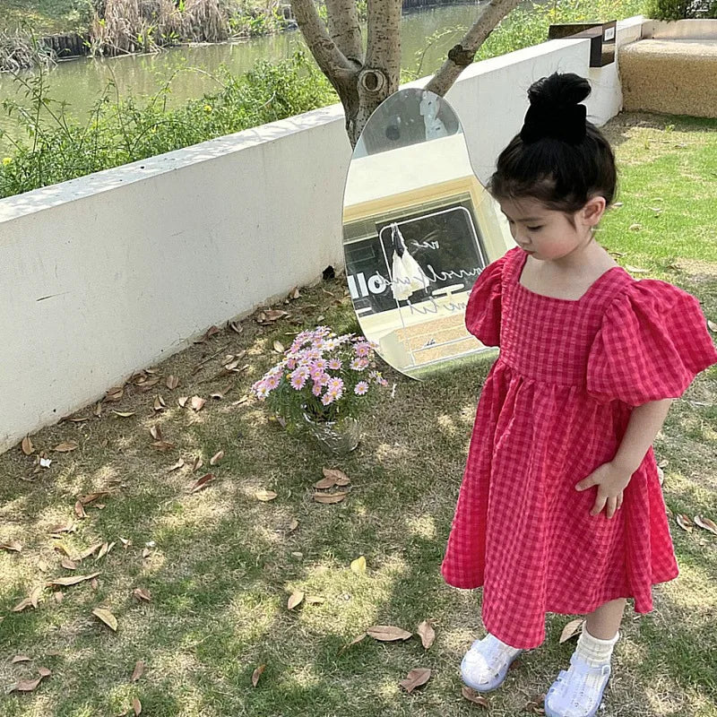 2025 New Children's Dress Girls' Summer Korean Edition Fashion Bubble Sleeves Checkered Strap backless Dress 1-6Y