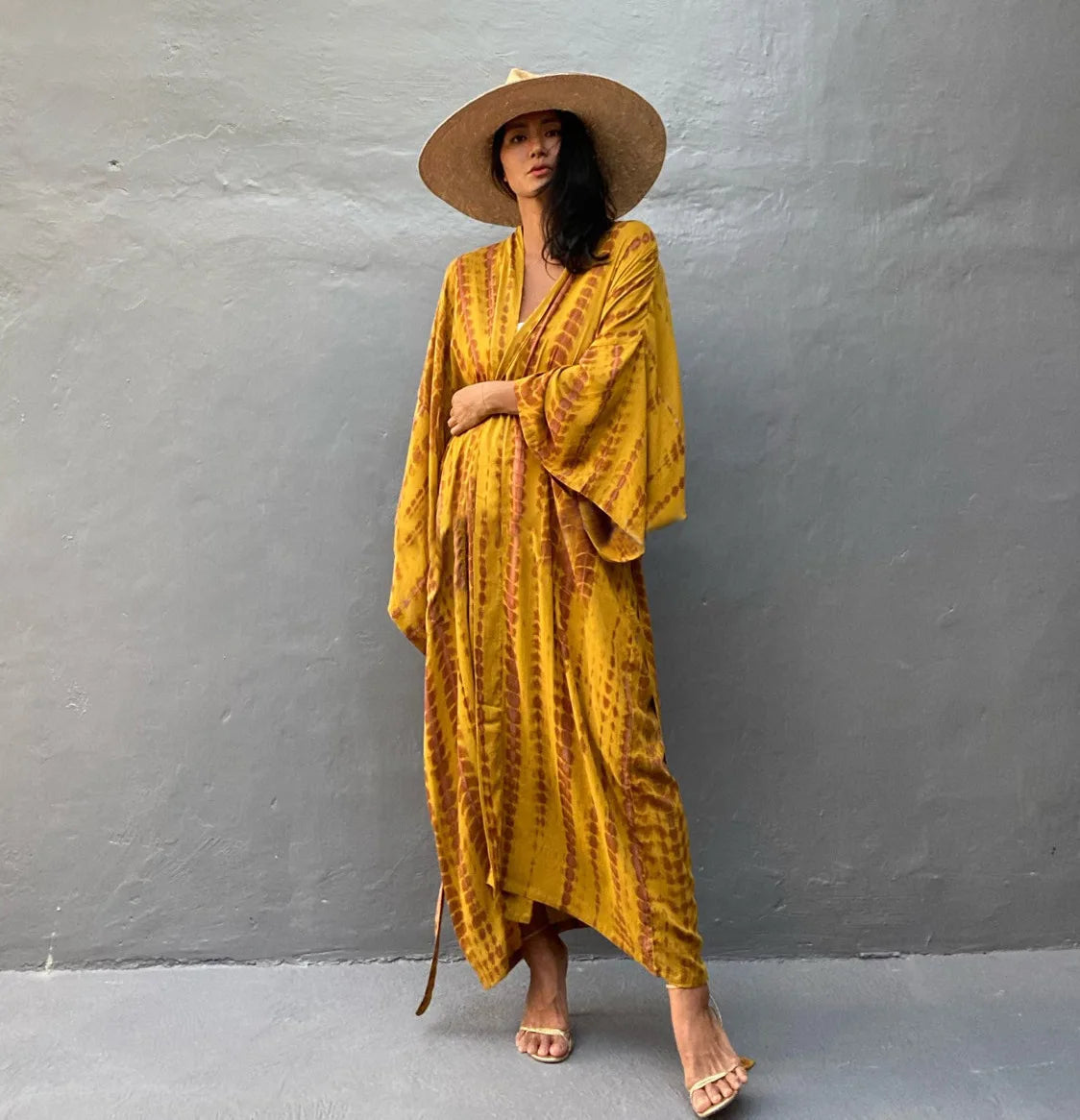Women's Boho Stripe Tie Dye Swimsuit Cover Up with Belt Tunic Sarong Cardigan Dress Bikini Cover-ups Beach Wear Kimono