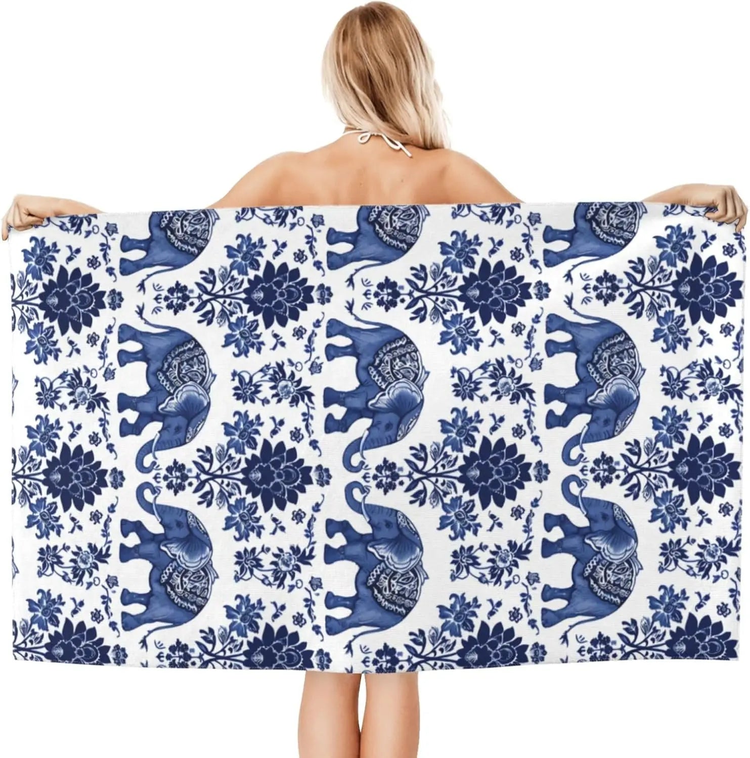 Blue Elephant Beach Towel,Microfiber Quick Dry Asian Floral Flower Boho Bath Towels, Soft Lightweight Oversized Sand Free, for