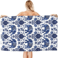 Blue Elephant Beach Towel,Microfiber Quick Dry Asian Floral Flower Boho Bath Towels, Soft Lightweight Oversized Sand Free, for