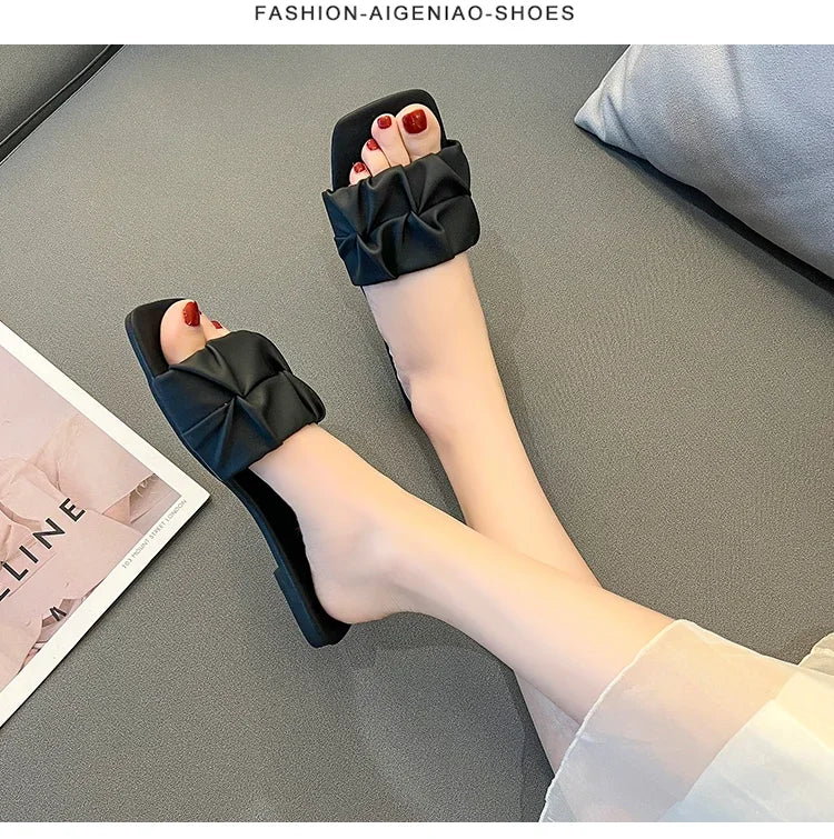 Summer Slippers For Women Flip Flops Flats 2024 New Pleated Korean Slippers Women Sandals Green Slip On Shoes Big Size 35-42