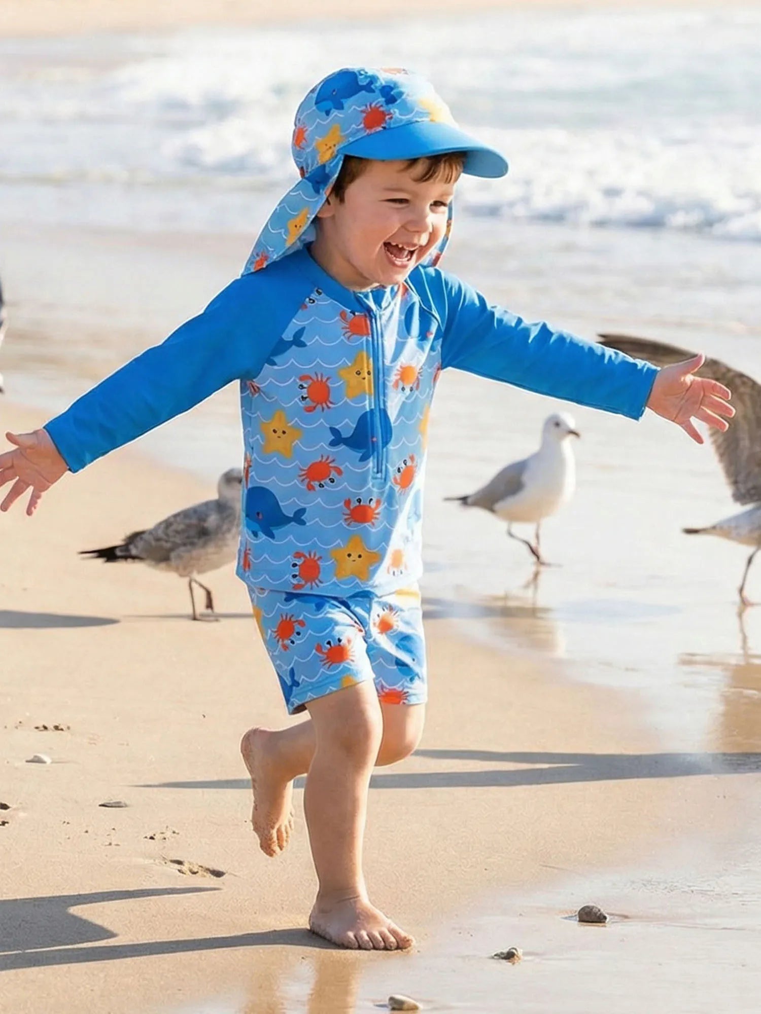 3Pcs Toddler Boy Swimsuit Set Long Sleeve Crew Neck Marine Animal Print Tops Swim Trunks and Hat Rash Guard Bathing Suit