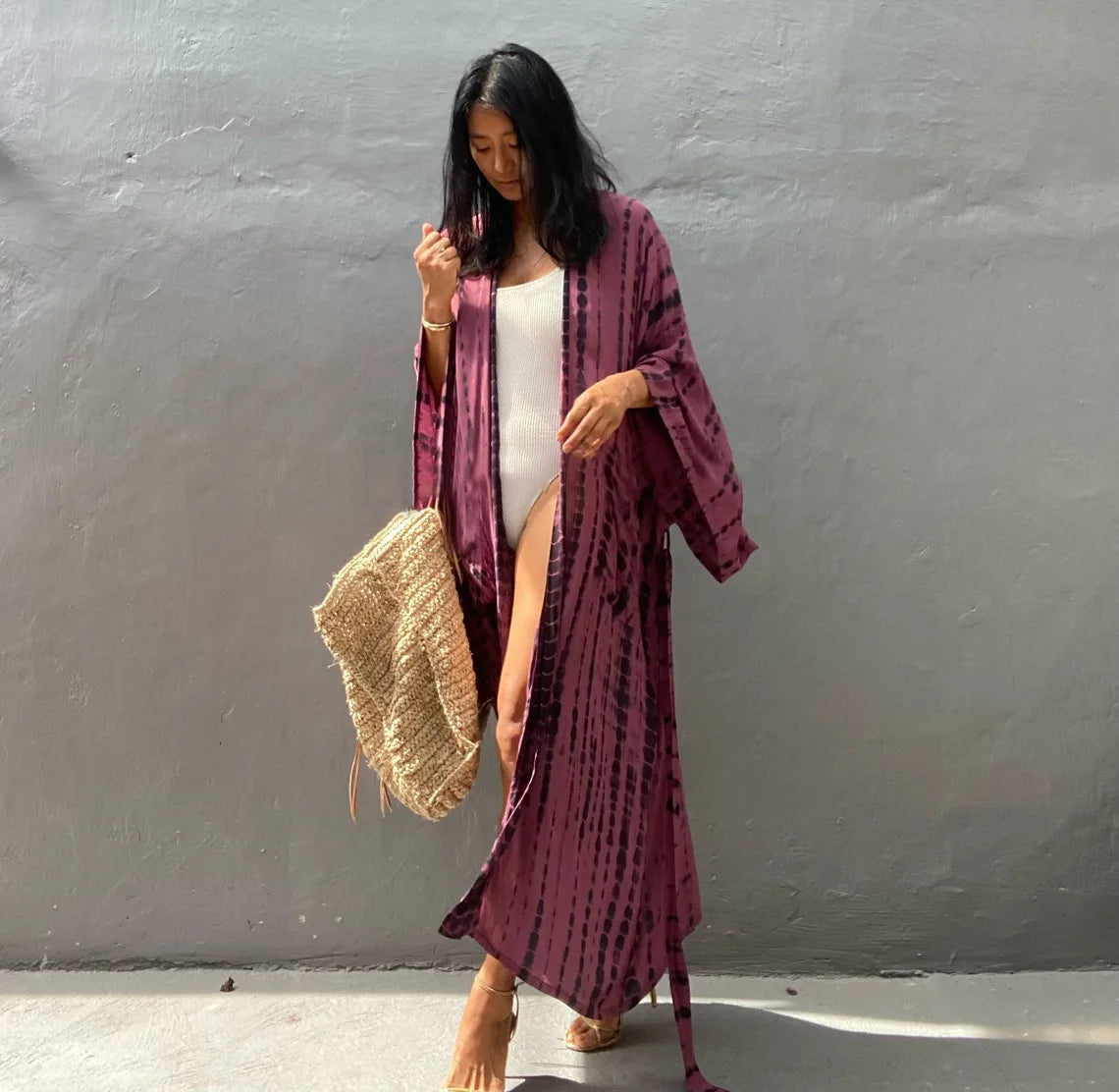 Women's Boho Stripe Tie Dye Swimsuit Cover Up with Belt Tunic Sarong Cardigan Dress Bikini Cover-ups Beach Wear Kimono